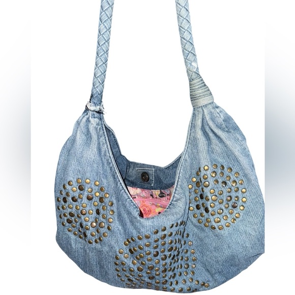 Vintage Retro Fiorucci Brass Stud Denim Hobo Pink Angel Lining & Interior Pocket - Picture 2 of 16